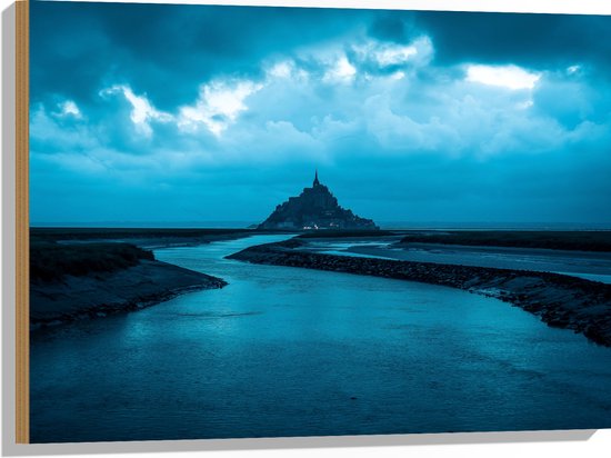 Hout - Water - Stenen - Eilandje - Wolken - Blauw - 80x60 cm - 9 mm dik - Foto op Hout (Met Ophangsysteem)