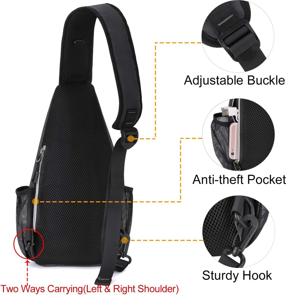 HOTUT Kleine Borsttas, Lichtgewicht Slingrugzak voor Mannen en Vrouwen, Slingcrossbodyrugzak met Zijvak van Mesh voor Reizen, Wandelen, Fietsen, Kamperen en Buitensporten(Zwart