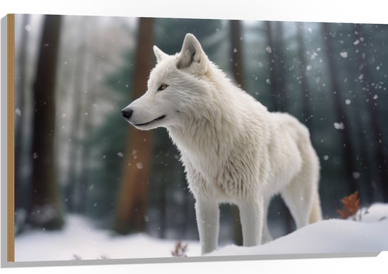 Hout - Witte Wolf in Besneeuwd Landschap met Kale Bomen - 105x70 cm - 9 mm dik - Foto op Hout (Met Ophangsysteem)