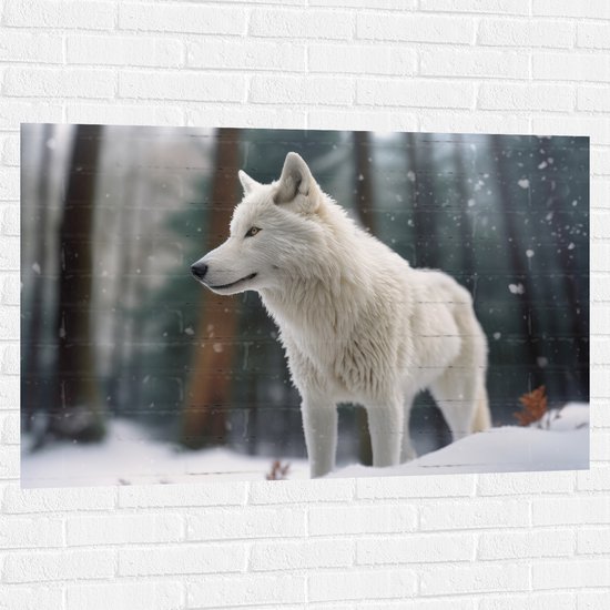 Muursticker - Witte Wolf in Besneeuwd Landschap met Kale Bomen - 120x80 cm Foto op Muursticker