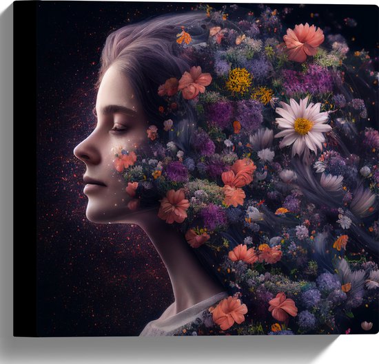 Canvas - Zijaanzicht van Vrouw met Kapsel van Bloemen tegen Zwarte Achtergrond - 30x30 cm Foto op Canvas Schilderij (Wanddecoratie op Canvas)