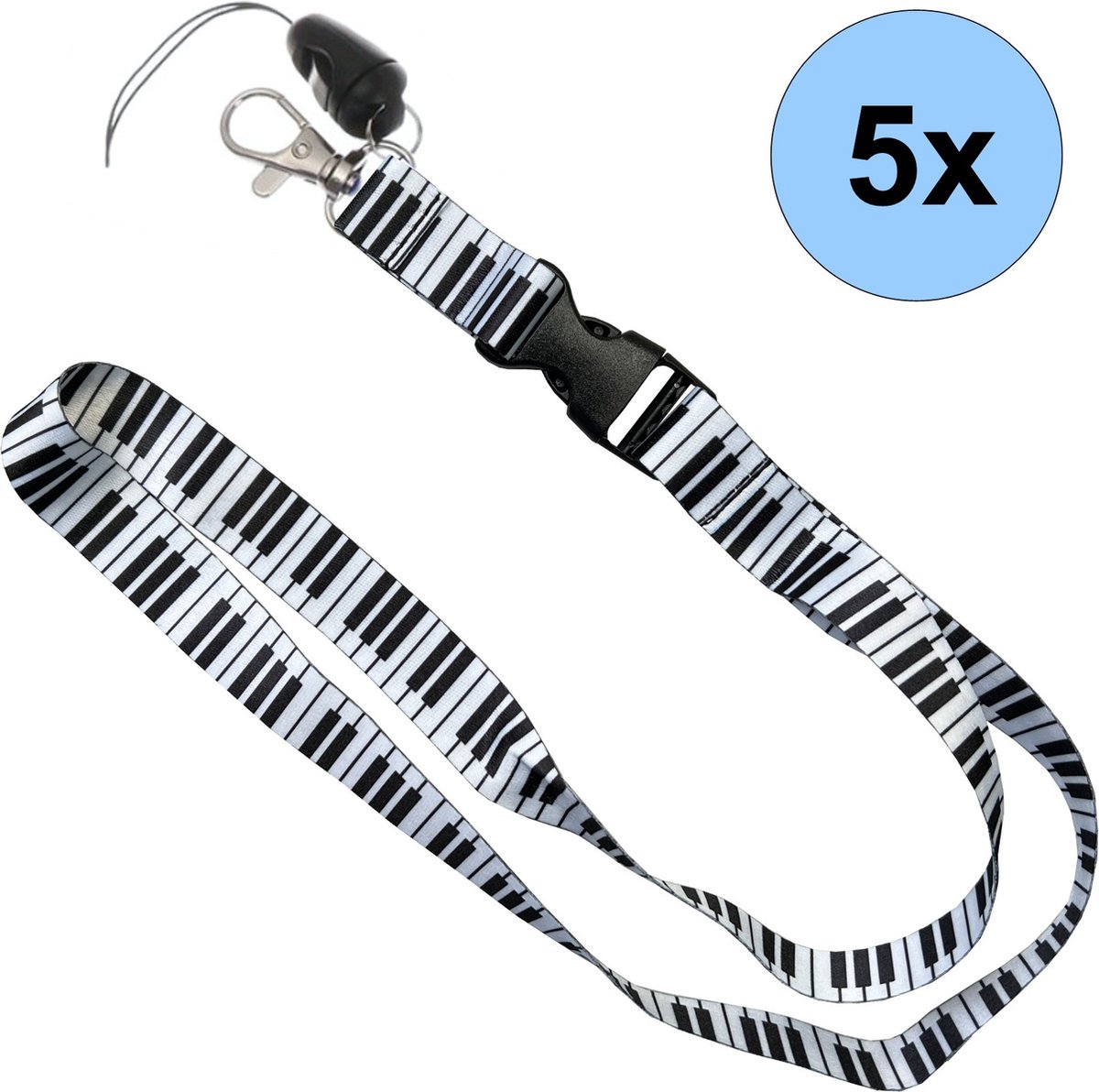 5 Keycords Piano Print - Keycord - Lanyard - Sleutelkoord - Badgehouder - 51cm - 20mm - Piano - 5 Stuks