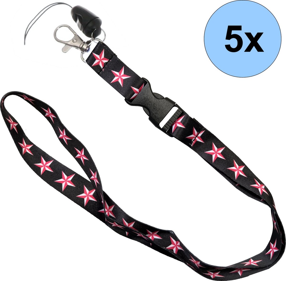 5 Keycords Roze Sterren Print - Keycord - Lanyard - Sleutelkoord - Badgehouder - 51cm - 20mm - Roze Sterren - 5 Stuks