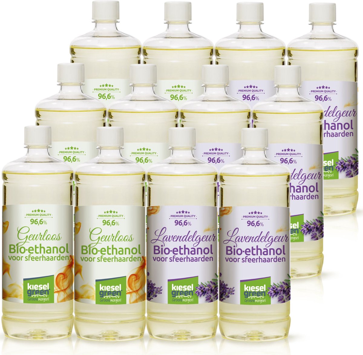 KieselGreen 12 Liter Bio-Ethanol 6x Lavendel Aroma en 6x Geurloos - Bioethanol 96.6%, Veilig voor Sfeerhaarden en Tafelhaarden, Milieuvriendelijk - Premium Kwaliteit Ethanol voor Binnen en Buiten