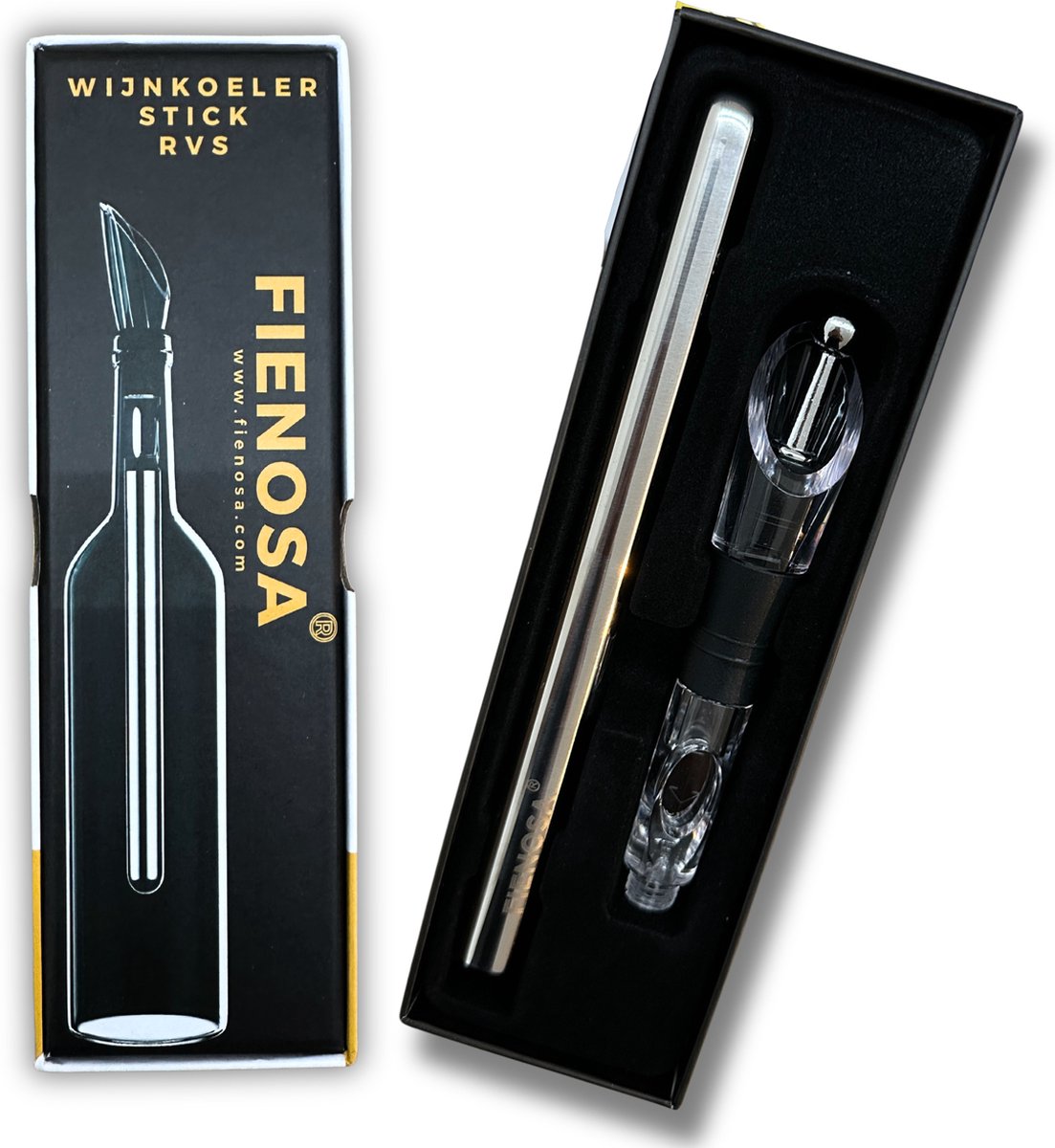 Fienosa Wijnkoeler Stick - Wijnkoelerstaaf - RVS - Wijnkoelers - Kerstcadeau - Champagnekoeler - inclusief luxe schenktuit - inclusief luxe Afsluitdop - Wijnkoeler Staaf - Geschenk - Cadeau - strak design