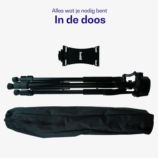 Inhoud van de doos: zwarte tablethouder, zwart statief en zwarte draagtas.