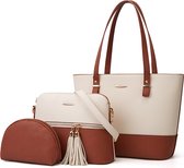 VOXO Premium Dames Handtassen Set 3 delig - Tote bag, Schoudertas, Crossbody Tas en Clutch voor Vrouwen - Bruin met Wit