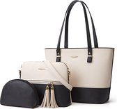 VOXO Premium Dames Handtassen Set 3 delig - Tote bag, Schoudertas, Crossbody Tas en Clutch voor Vrouwen - Zwart met Wit