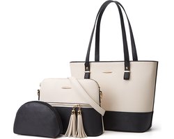 VOXO Premium Dames Handtassen Set 3 delig - Tote bag, Schoudertas, Crossbody Tas en Clutch voor Vrouwen - Zwart met Wit