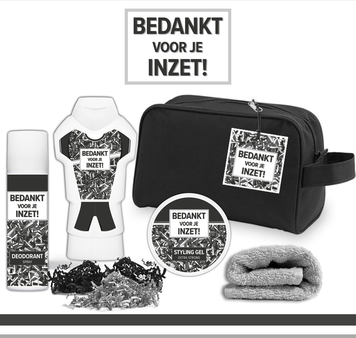 Goedkoopste Geschenkset Bedankt voor je inzet! - 5 producten - 700 gram | Toilettas - Cadeau - Man - Toernooi - Voetbal - Volleybal - Hockey - Handbal - Basketbal - Korfbal - Trefbal - Waterpolo - Rugby - Sport - Wedstrijd - Giftset - Coach - Trainer
