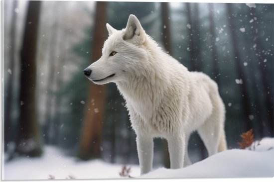 Acrylglas - Witte Wolf in Besneeuwd Landschap met Kale Bomen - 60x40 cm Foto op Acrylglas (Wanddecoratie op Acrylaat)