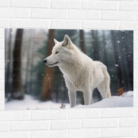 Muursticker - Witte Wolf in Besneeuwd Landschap met Kale Bomen - 90x60 cm Foto op Muursticker