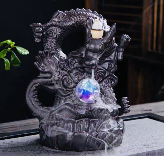 Foto: Feng shui draak backflow wierook brander houder waterval keramiek 17x14x11cm