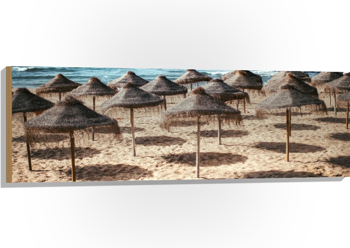 Hout - Zee - Strand - Zand - Parasols - 120x40 cm - 9 mm dik - Foto op Hout (Met Ophangsys