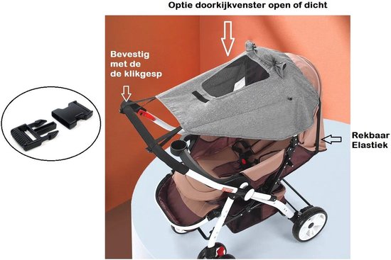 Universeel UV 50+ Zonnescherm voor Buggy met Kijkvenster - Grijs - Waterproof van Merkloos — afbeelding 4
