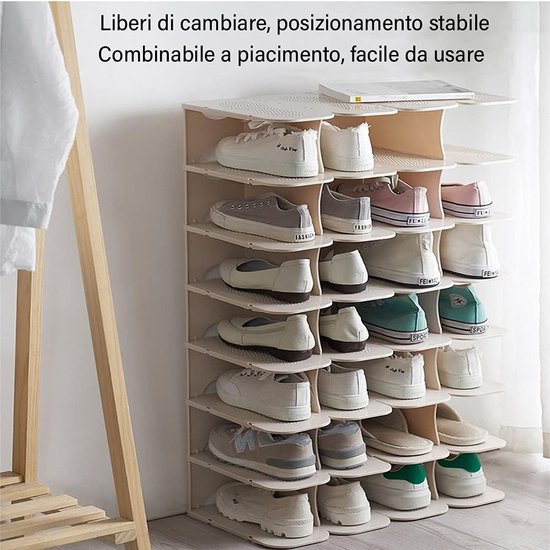 Schoenenrek, schoenenkast met 6 niveaus, ruimtebesparend, verstelbaar, vrije combinatie, robuust schoenenrek, stapelbaar, kaki