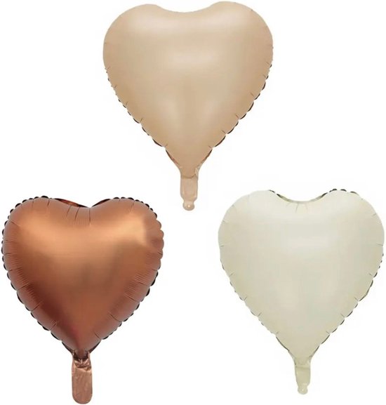 3 grands ballons aluminium coeur marron, nude et ivoire