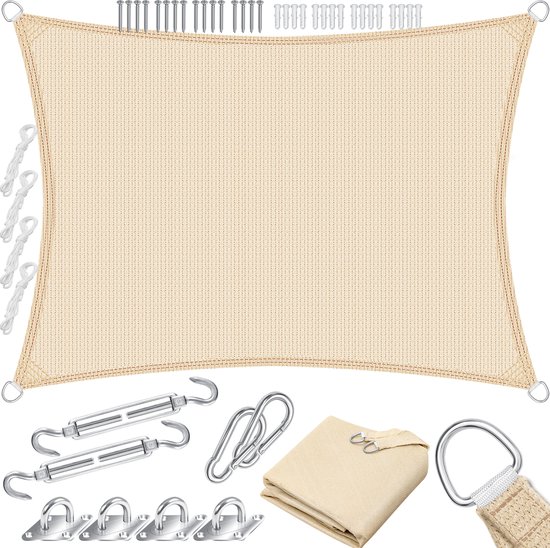 Voile d'ombrage KESSER® | voile d'ombrage auvent protection contre le vent | Tissu PEHD | hydrofuge et résistant au vent | Brise-vue robuste et stable à 5 points de croix pour jardin, balcon, terrasse - Crème, Rectangulaire, 5x7m