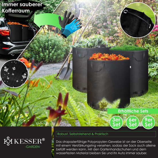 Tuinzak, 3 x 272 l, set bladzak, tuinafvalzak incl. handschoenen, zelfstaand, 4 handgrepen, stabiel, robuust en opvouwbaar, voor tuinafval, groen, zwart — afbeelding 4