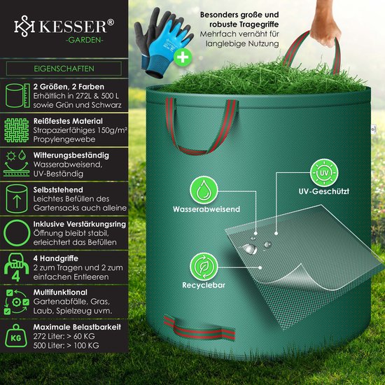 KESSER® Tuinafvalzak Tuinzak Set Bladzak incl. Handschoenen - Zelf Staand 4 Handvatten Stabiel Robuust & Opvouwbaar - Bladzakken Maaisel Tuinzakken voor Tuinafval Groenafval - 3x 272 Liter, Groen — afbeelding 2
