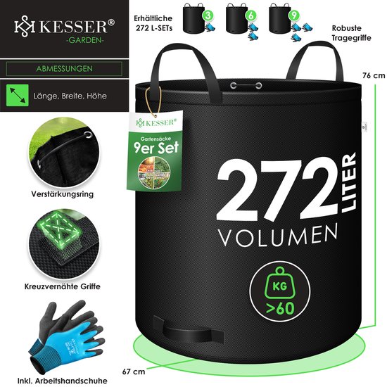 KESSER® Tuinafvalzak Tuinzak Set Bladzak incl. Handschoenen - Zelf Staand 4 Handvatten Stabiel Robuust & Opvouwbaar - Bladzakken Maaisel Tuinzakken voor Tuinafval Groenafval - 9x 272 Liter, Zwart van KESSER — afbeelding 4