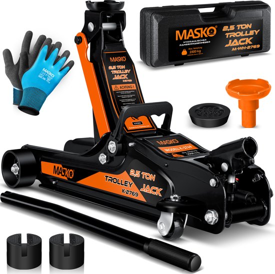 Cric hydraulique noir et orange 2.5 tonnes, avec mallette de rangement, gants, adaptateur orange, patins noirs et une longue manivelle.