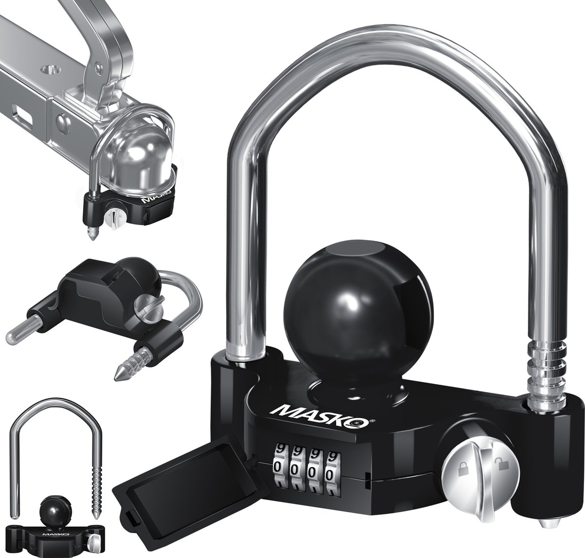 MASKO® Disselslot - Trekhaakslot - Koppelingsslot -Aanhangwagenslot Combinatieslot met 4-cijferige code voor gangbare aanhangerkoppelingen eenvoudig te monteren Diefstalbeveiliging voor caravans en aanhangwagens - Zwart / Rood