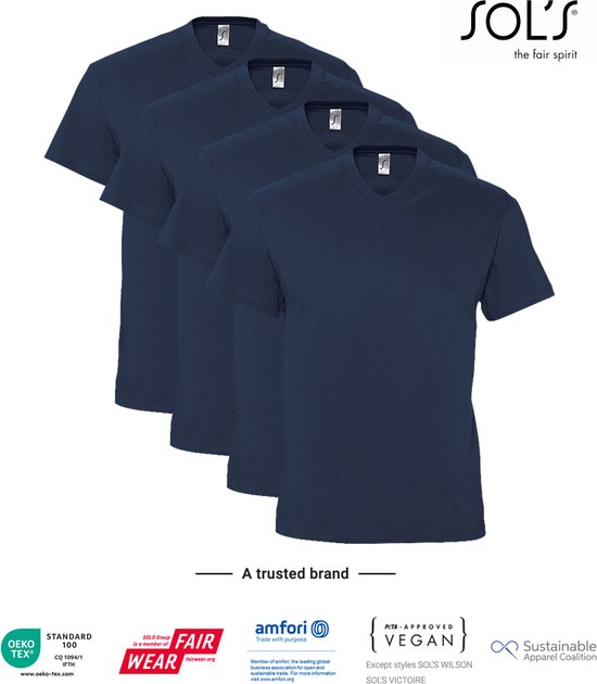 4 Pack SOLS V-hals, Heren T-Shirt 100% katoen V-hals, Donker Blauw