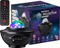 Een zwarte galaxy projector, afstandsbediening en de productverpakking. De verpakking toont 'Mobstore GALAXY PROJECTOR' en icoontjes.