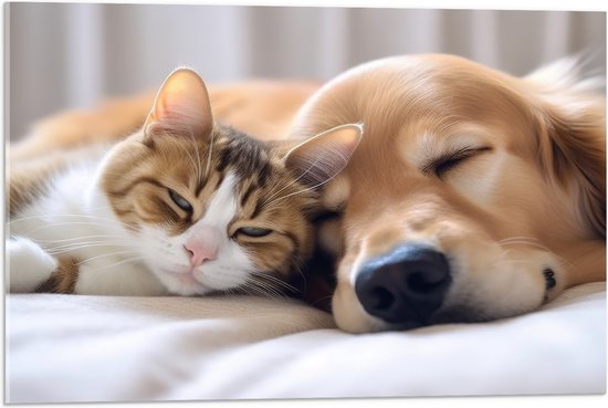 Acrylglas - Hond en kat liggen tegen elkaar aan te slapen - 75x50 cm Foto op Acrylglas (Met Ophangsysteem)