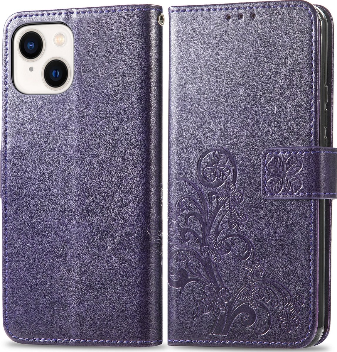 Mobigear Telefoonhoesje geschikt voor Apple iPhone 15 Plus Hoesje | Mobigear Clover Bookcase Portemonnee | Pasjeshouder voor 3 Pasjes | Telefoonhoesje voor Pinpas / OV Kaart / Rijbewijs - Paars