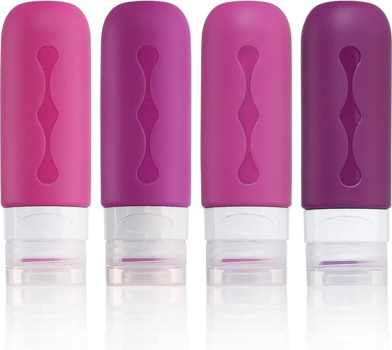 Babyflesje - Siliconen reisflessen, 90 ml, set van 4 stuks, lekvrije reiscontainers en toiletartikelen, FDA goedgekeurde navulbare vloeistofcontainer voor shampoo, crème, spoeling en lichaamsverzorging, paars