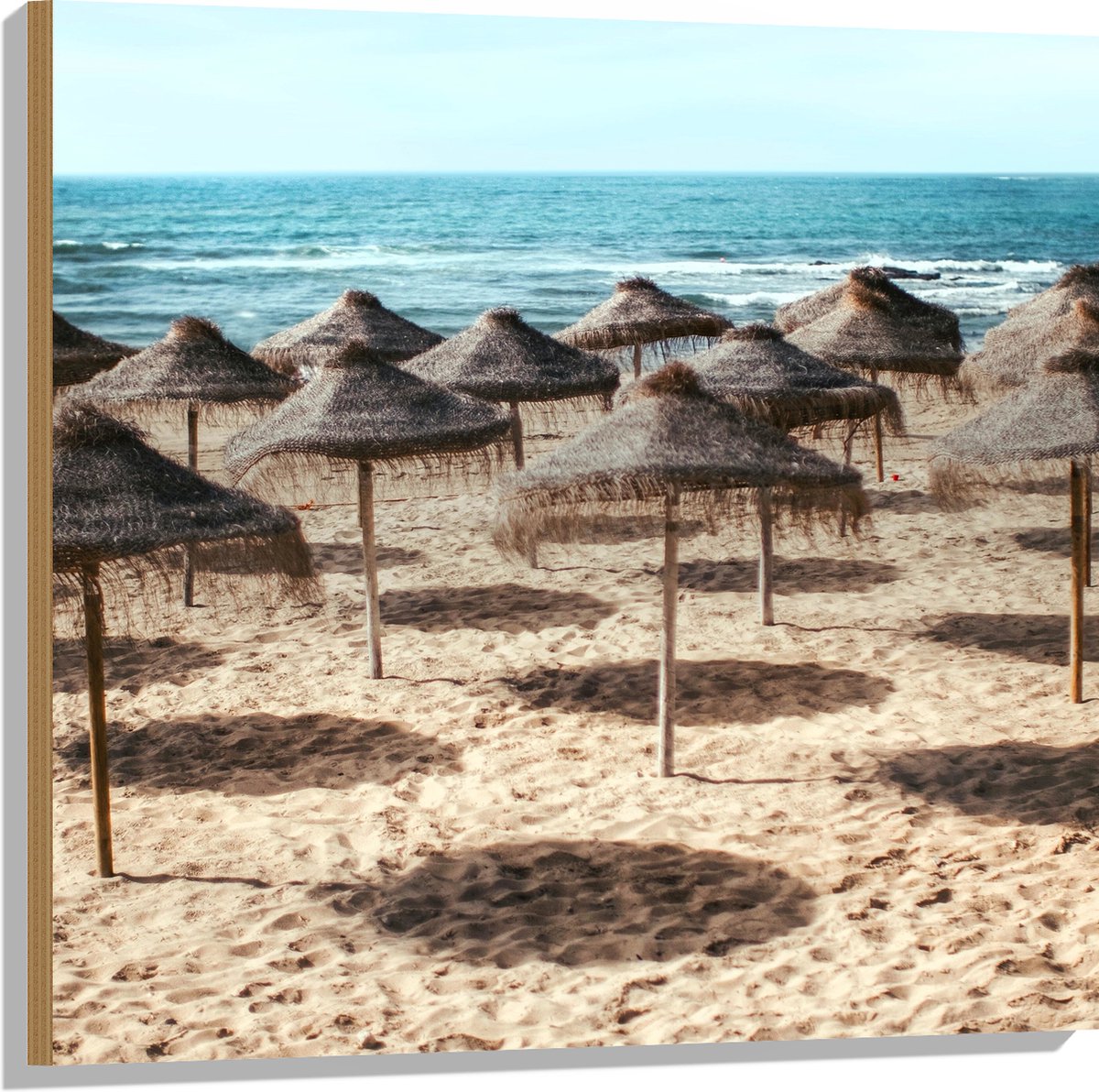 Hout - Zee - Strand - Zand - Parasols - 80x80 cm - 9 mm dik - Foto op Hout (Met Ophangsysteem)