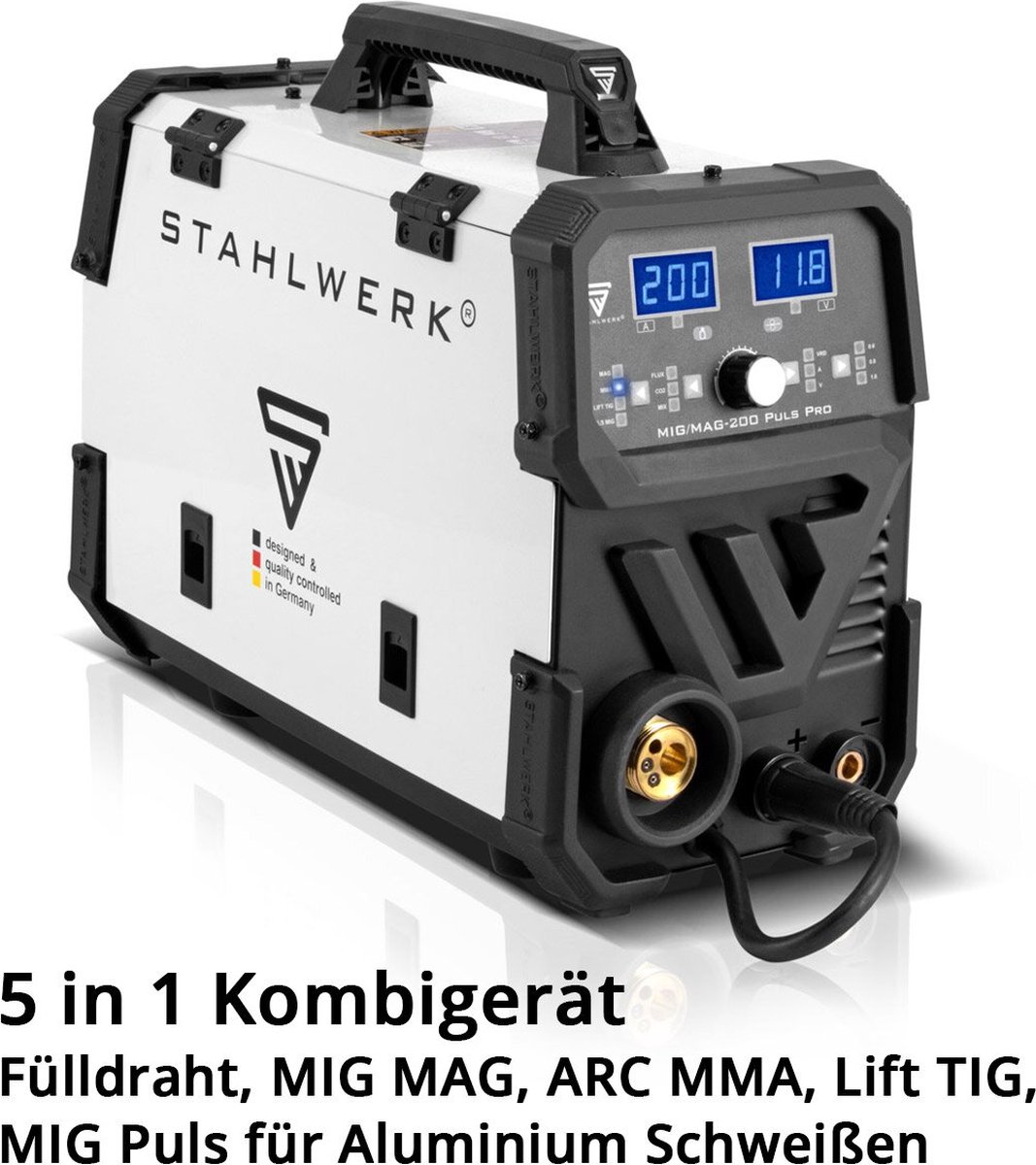STAHLWERK MIG MAG 200 Puls Pro IGBT inert gas lasapparaat compleet uitgerust Volledig synergisch 5 in 1 combinatie apparaat met echt 200 ampère inclusief AK25/MB25 aluminium lastoorts, draadaanvoerrollen en slijtdelen set voor aluminium lassen – foto 2