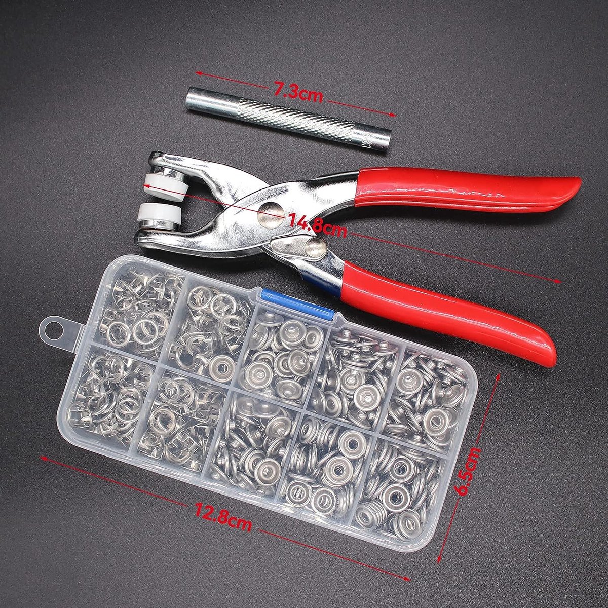 Drukknopen met tang, set drukknopen met tang, metalen drukknopset met vaste knopen, gereedschap, drukknopen zonder naaien, 804 stuks, voor doe-het-zelf knutselen, kinderkleding, kledingtassen, 9,5 mm