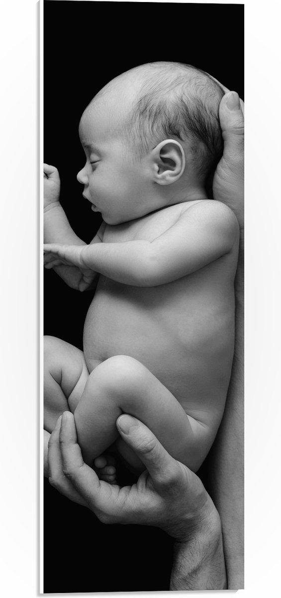 PVC Schuimplaat - Pasgeboren Baby in Handen van Vader (Zwart- wit) - 20x60 cm Foto op PVC Schuimplaat (Met Ophangsysteem)
