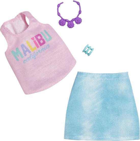 Barbie Kleding Outfit 'Malibu' - Blauwe rok, roze top, armband en ketting - Accessoires