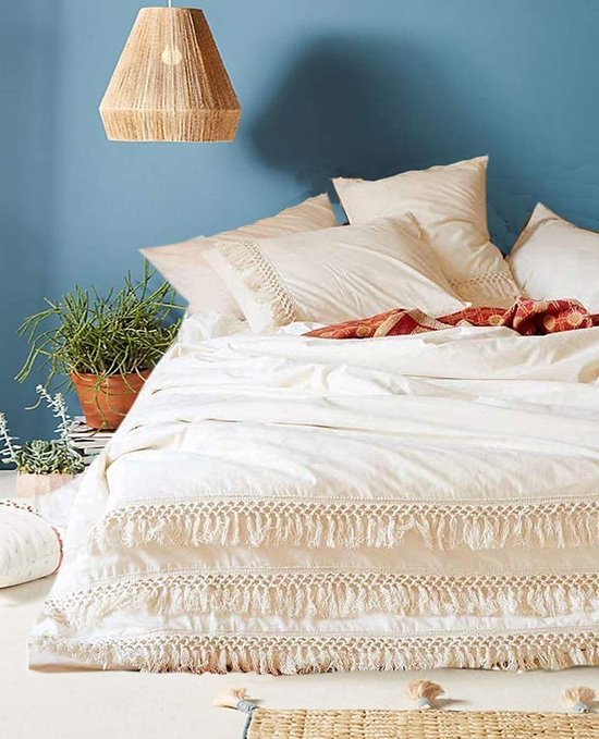 Parure de lit bohème 135 x 200 cm en coton beige/blanc avec décoration  pompons style... | bol