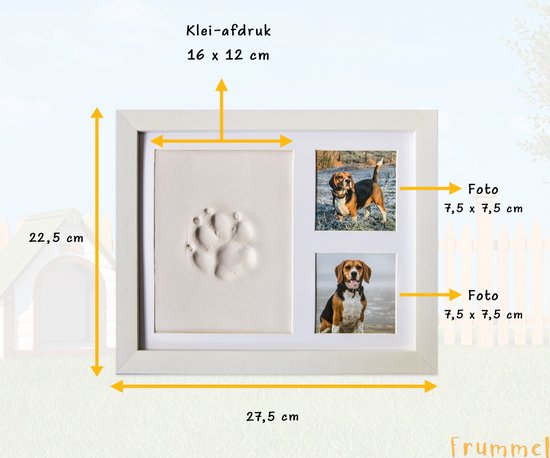 Frummel Fotolijst met Kleiafdruk - Pootafdruk Hond - Gipsafdruk huisdier - 22,5 x 27,5 cm - Wit - Frummel