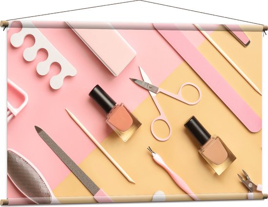 Textielposter - Patroon van Cosmetica Producten op Geel met Roze Oppervlak - 120x80 cm Foto op Textiel