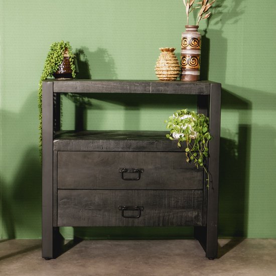 Zwart mangohouten kastje met 2 lades | Zwart Mangohout en Staal | 80x40x80cm