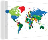 Canvas Wereldkaart - 90x60 - Wanddecoratie Wereldkaart - Kleuren - Topografie - Kinderen - Jongens - Meisjes
