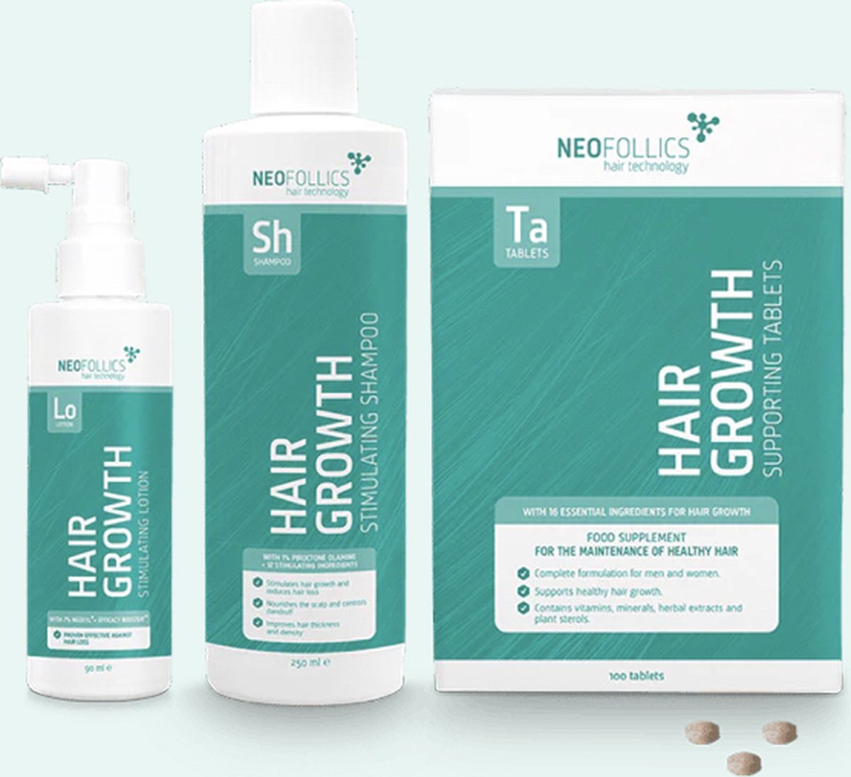 Bol.com Neofollics Behandeling van matige haaruitval - Shampoo 250ml - Lotion 90ml - Tablets 100st. aanbieding