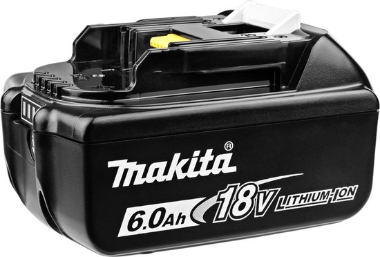 Zwart Makita 18V 6.0Ah lithium-ion accu met gele en witte ontgrendelingsknoppen.