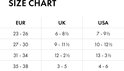 Maattabel voor schoenen: EUR, UK en USA maten.