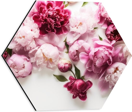 Dibond Hexagon - Mix van Roze Bloemen op Witte Achtergrond - 40x34.8 cm Foto op Hexagon (Met Ophangsysteem)