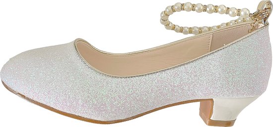 Communie schoenen - Prinsessen schoenen wit glitter met pareltjes - maat 33 (binnenmaat 21,5 cm) bij bruidsmeisjes jurk