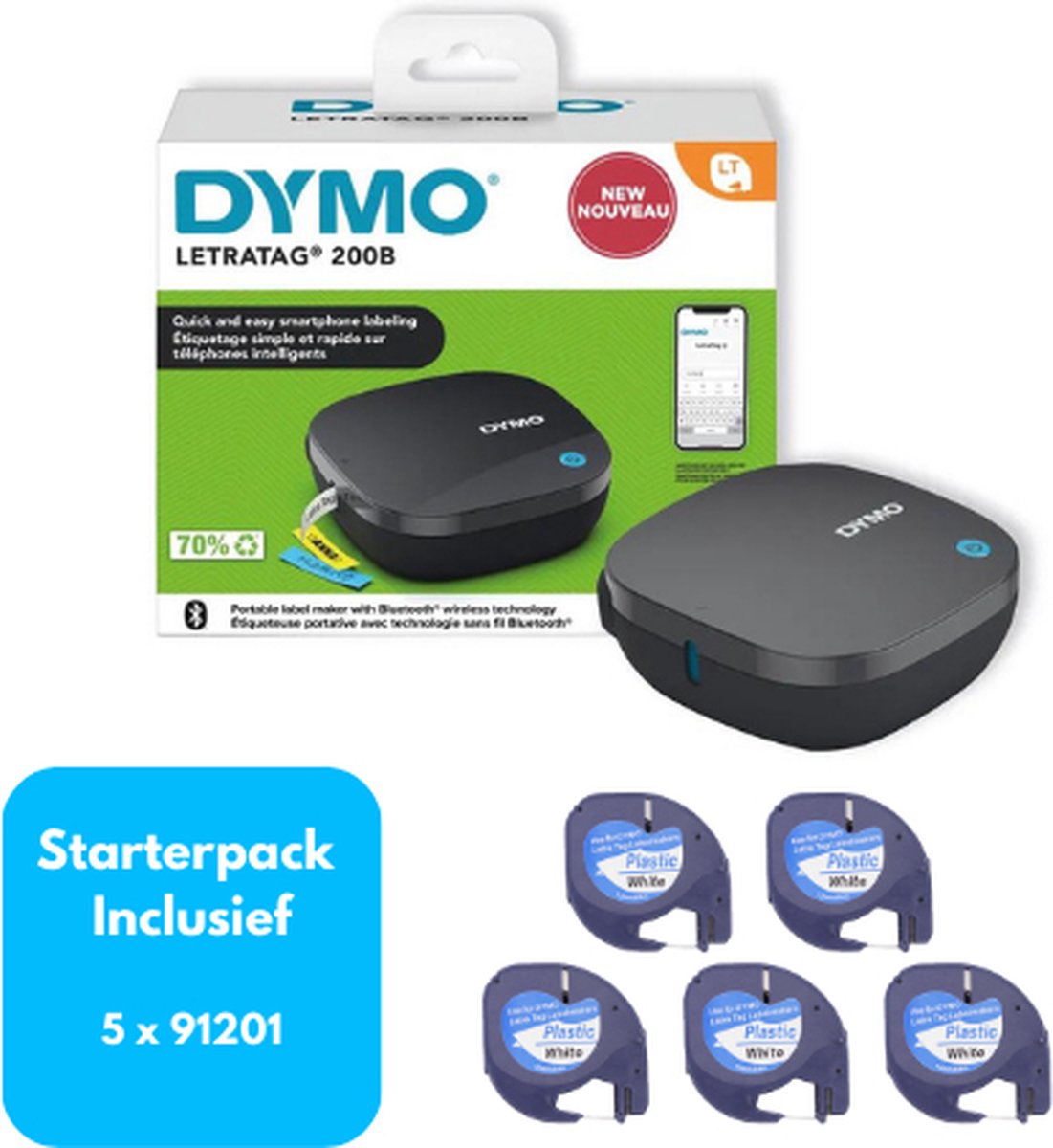 Dymo 200B - LetraTag - Labelprinter - Starterpack - Inclusief 5x 91201 zwart/wit Lettertape (Huismerk)