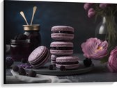 Canvas - Opgestapelde Lila Macarons omringd door Paarse Bloemen en Vruchten - 100x75 cm Foto op Canvas Schilderij (Wanddecoratie op Canvas)