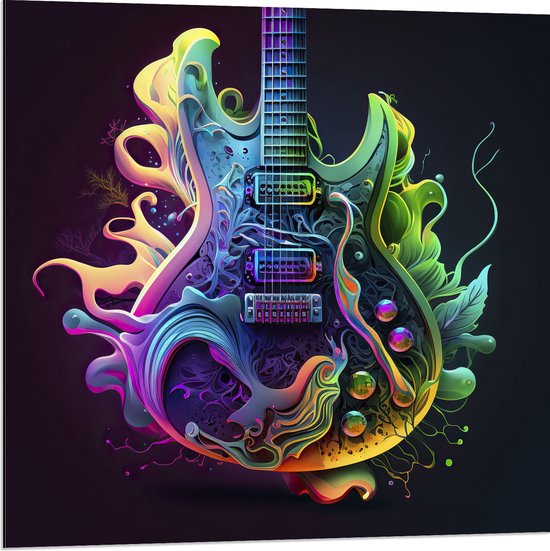 Dibond - Elektrische Gitaar Versierd met Gekleurde Vlammen - 80x80 cm Foto op Aluminium (Wanddecoratie van metaal)